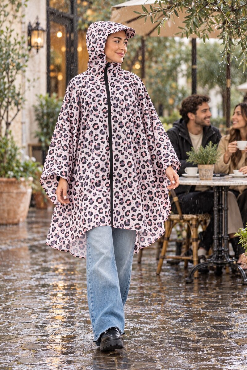Açık Leopar Panço Yağmurluk, kapüşonlu panço yağmurluk giyen model