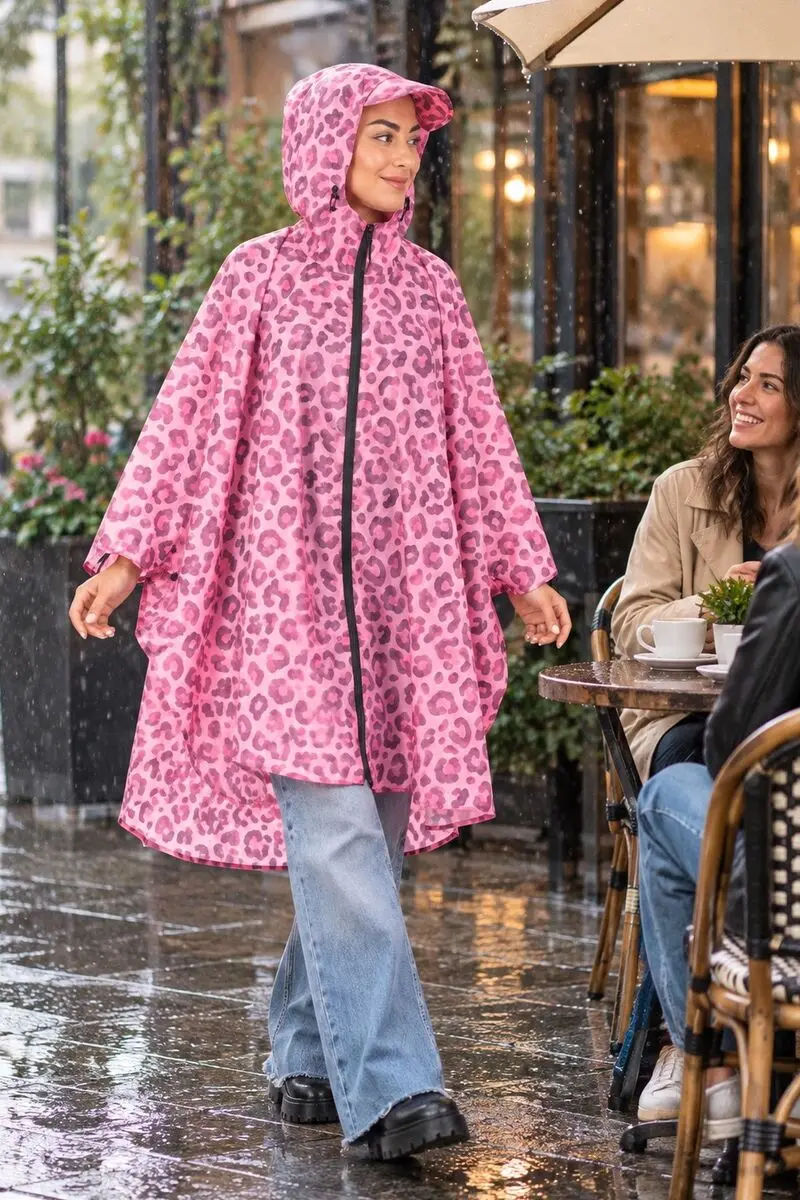 Pembe Leopar Panço Yağmurluk, kapüşonlu panço yağmurluk giyen model